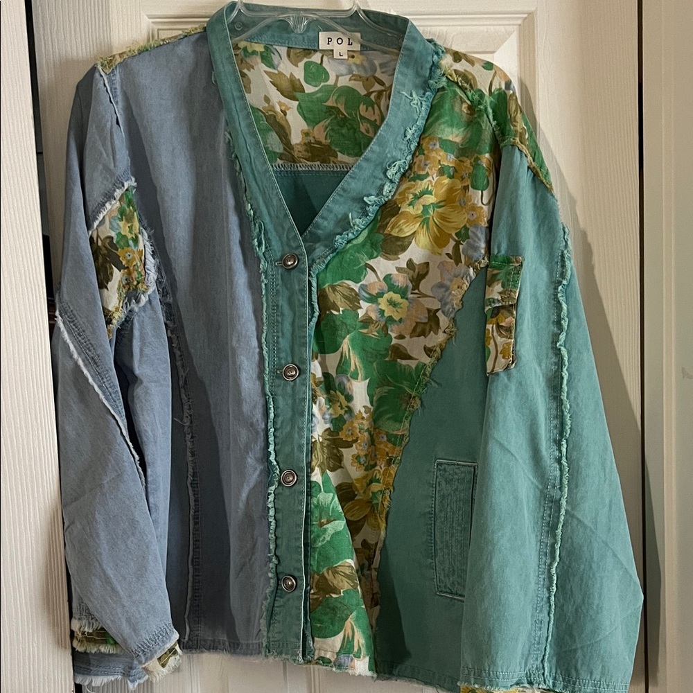 POL Large Patchwork Denim Jacket with Green Flora… - image 1